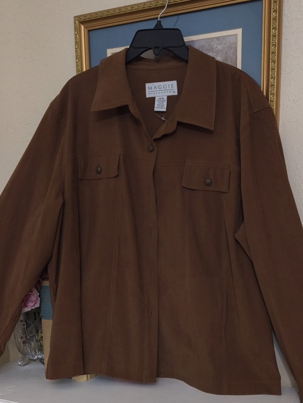 Brown Suede Button-Front Jacket Fall Vintage Large Shirt